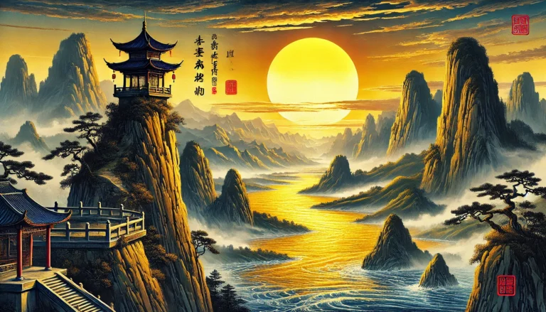 DALL·E 2025-01-26 15.51.21 - A breathtaking Chinese landscape inspired by Li Bai_s poem _白日依山尽, 黄河入海流, 欲穷千里目, 更上一层楼_