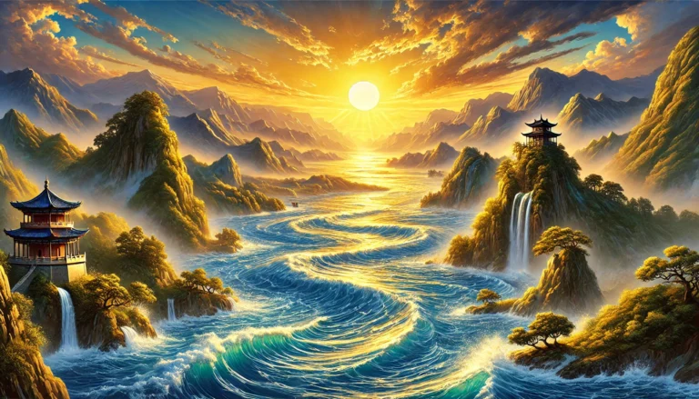 DALL·E 2025-01-26 15.59.01 - A vibrant and natural depiction of a Chinese landscape inspired by Li Bai_s poem _白日依山尽, 黄河入海流, 欲穷千里目, 更上一层楼_
