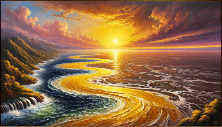 DALL·E 2025-01-26 17.13.38 - An oil painting inspired by Li Bai_s famous poem, featuring the Yellow River flowing into the vast ocean under a glowing sunset