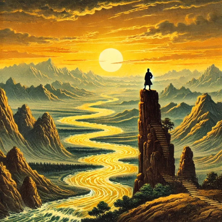 DALL·E 2025-01-27 23.22.11 - A dramatic landscape at sunset, as described in the poem by Li Bai. The sun is setting behind distant mountains, casting a warm glow across the sky