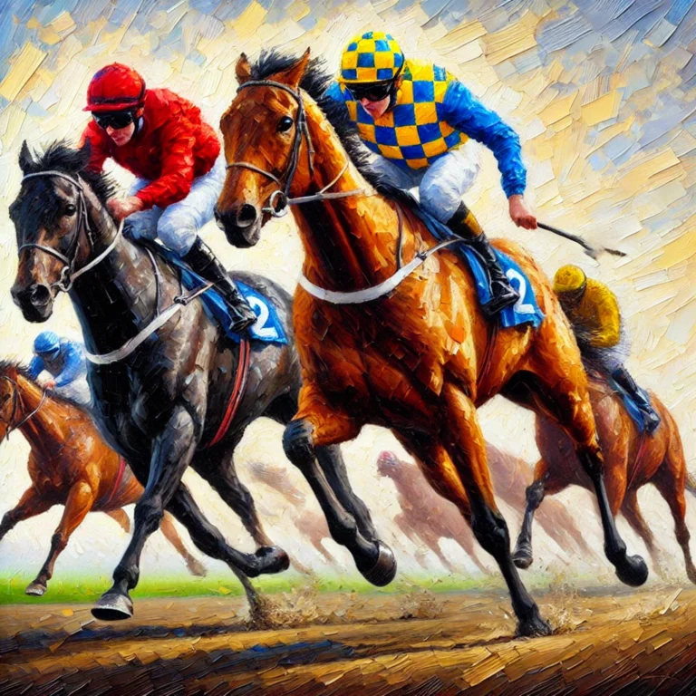 DALL·E 2025-01-31 20.42.49 - An oil painting-style depiction of two racehorses with jockeys, racing at full speed on a flat, smooth track