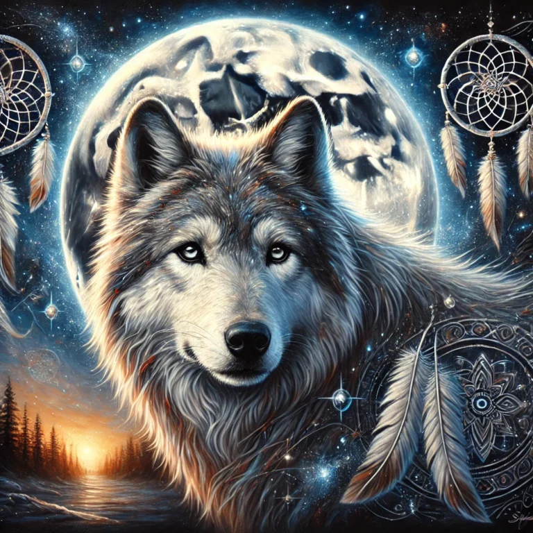 DALL·E 2025-02-08 23.57.23 - A mystical oil painting of a majestic wolf under a glowing full moon